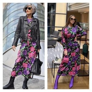 ZARA Black Floral Long Sleeve Ruched High Slit Midi Dress XS Blogger Favorite